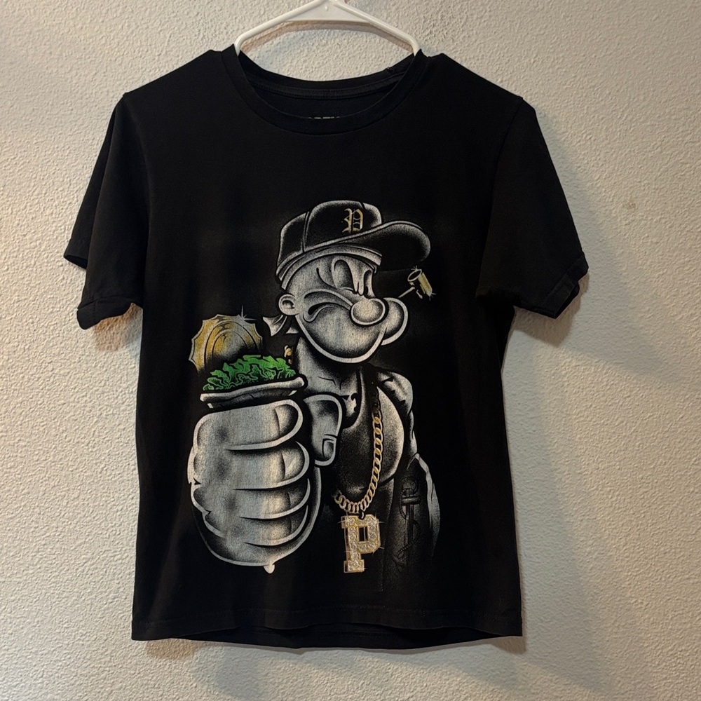 Popeye Black Graphic T-Shirt with Cartoon Design